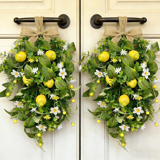 2 Pack 22'' Lemon Swag Wreaths for Cabinets Spring Summer Teardrop Wreath with White Daisy Flowers Artificial Lemon Teardrop Wreath with Bow for Farmhouse Front Door Porch Window Wall Hanging Decor