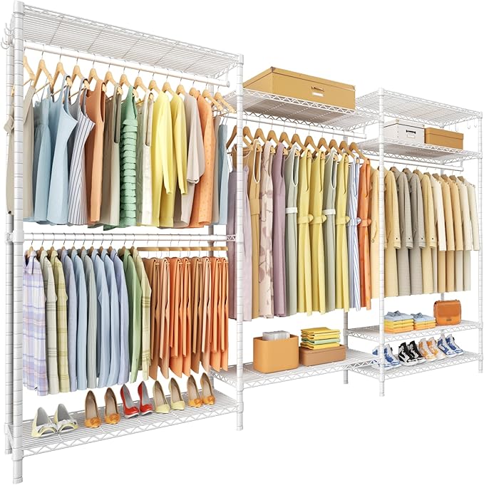 Ulif E13 Max Heavy Duty Clothes Rack（With 4 Hanger Rods & 8 Shelves） Freestanding Clothing Racks for Hanging Clothes，Adjustable Closet，Metal Garment Rack 86" W x16 D x77 H，Max Load 1100LBS，White