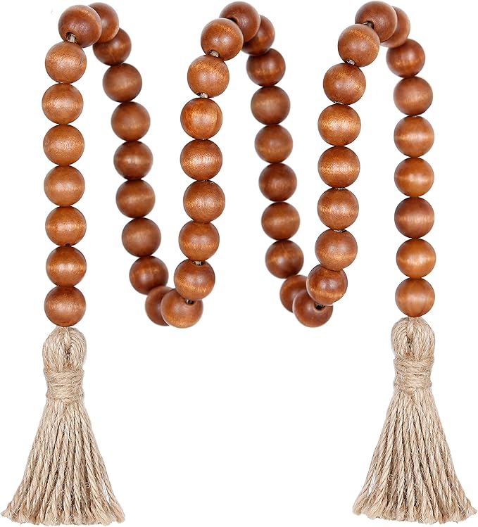 Meplait 39in Wood Bead Garland Farmhouse with Tassels,Versatile Prayer Beads Boho Chic Wall Hanging Home Decor (Brown)