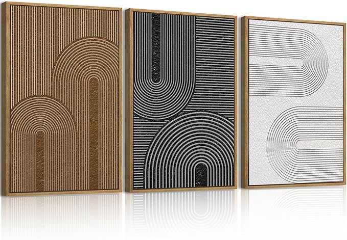 BINCUE Abstract Neutral Canvas Paintings Framed Modern Wall Art Neutral Geometric Wall Decor Modern Abstract Artwork Black and White Wall Painting Brown Pictures for Bedroom Living Room Office 16x24 Inch Set of 3