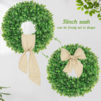 Vlorart 20 Inch Faux Round Boxwood Wreath, Weatherproof Wreaths for Front Door, Artificial Spring Summer Greenery Wreath with Sash for Farmhouse Wedding Year Round Indoor and Outdoor
