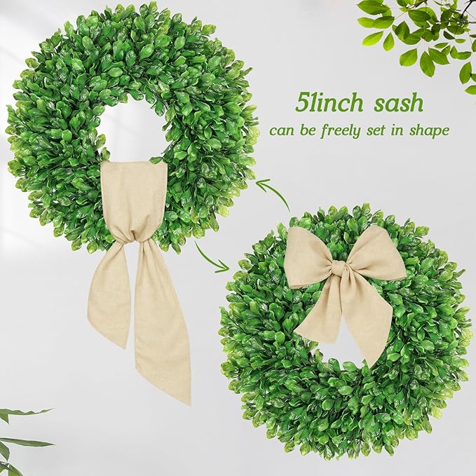 Vlorart 20 Inch Faux Round Boxwood Wreath, Weatherproof Wreaths for Front Door, Artificial Spring Summer Greenery Wreath with Sash for Farmhouse Wedding Year Round Indoor and Outdoor