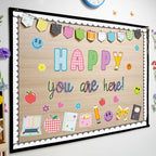 Back to School Bulletin Board Decoration, Happy You're Here Bulletin Board Set, Composition Notebook Happy Face Apple Daisy Cutouts for Classroom First Day of School Chalkboard Wall Door Teacher Decor