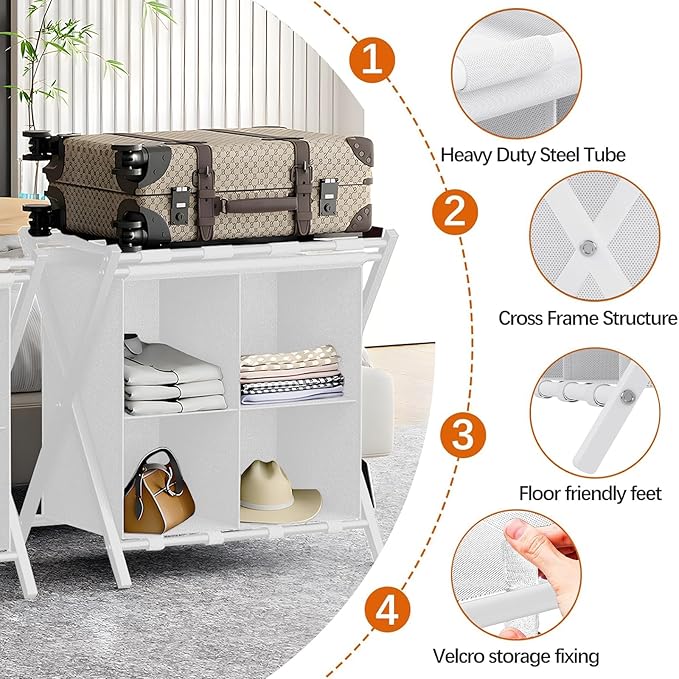 Luggage Rack for Guest Room, Folding Suitcase Stand with Fabric Storage Shelf, Luggage Holder, Steel Foldable Luggage Stand for Guest Room, Bedroom, Hotel, White