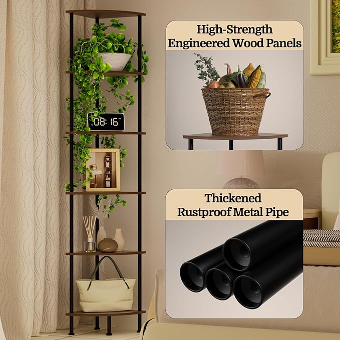 6-Tier Corner Shelf Stand, 65" Industrial Corner Display Rack for Living Room, Bookshelf, Tall Display Shelf, Plant Stand, Storage Standing Shelf for Bedroom, Bathroom, Kitchen, Brown