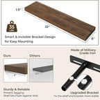RICHFOCUS 31.5Inch Floating Shelves for Wall 2 Pack Shelves for Bedroom|Kitchen|Bathroom Wall Mounted Rustic Wood Floating Shelf with Invisible Brackets for Books|Storage|Decor, Walnut