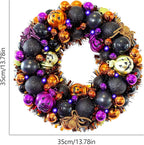 HipTree 13.8 Inch Halloween Ball Wreath for Front Door with Lights, Lighted Cute Treat-or-Trick Door Wreath Ball Ornament for Halloween Indoor Decorations Centerpiece Party Holiday Wall Home Decor