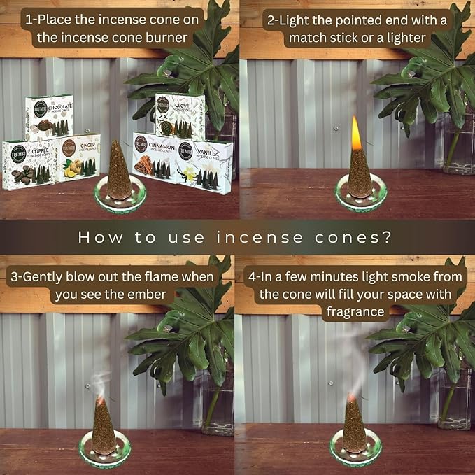 TRUMIRI Gourmet Incense Cones - Variety Pack - Total 60 Cone Incense (6 Scents x 10 Conos) - Vanilla, Cinnamon, Coffee, Chocolate, Clove, Ginger - Cone Incense Scents - Insense Cones - Incent Cone