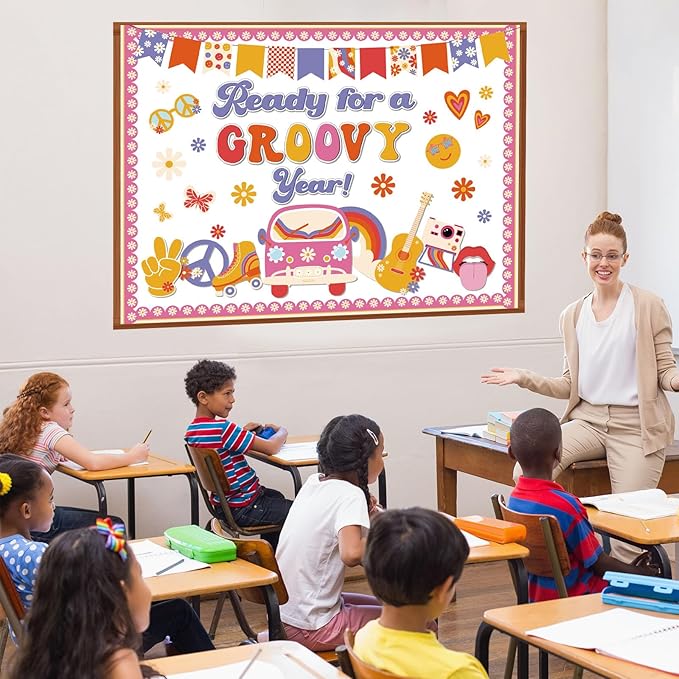 Pajean Groovy Bulletin Board Retro Hippie Boho Classroom Decoration Ready for a Groovy Year Paper Cutouts for Back to School First Day Door Wall Window Chalkboard Decor