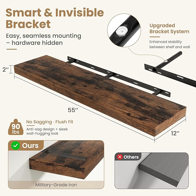 FLYJOE 55 Inch Long Floating Shelves for Wall Set of 1, 12" D Wood Grain Bathroom Shelves with Invisible Brackets, Easy Install Engineered Wood Storage Shelves for Kitchen, Living Room, Bedroom