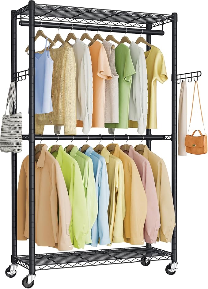 SONGMICS Heavy-Duty Rolling Clothes Rack, Garment Rack, Portable Closet on Wheels, with Adjustable Mesh Shelves and Hanging Rails, Hooks, 15.8 x 35.4 x 78.3 Inches, Ink Black ULGR416BH01