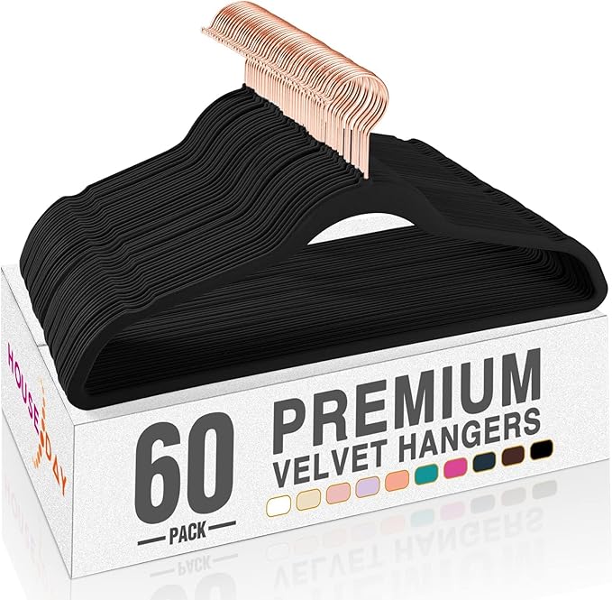 HOUSE DAY Black Velvet Hangers 60 Pack, Premium Non-Slip Felt Hangers, Sturdy Black Clothes Coat Hanger Heavy Duty, Durable Suit Hanger for Space Saving, No Marks Gold Hook