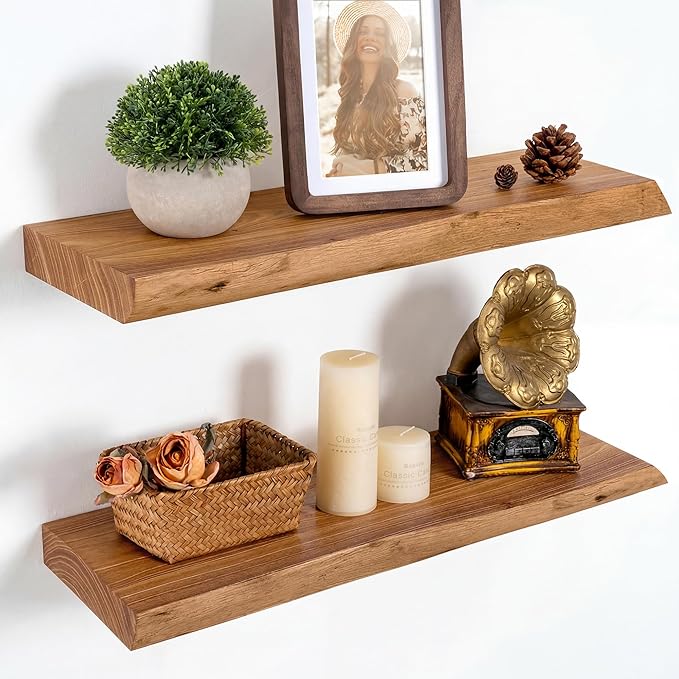 Marsmiles 20 inch Floating Shelves for Wall Elm Wood Live Edge Shelves|Rustic Wall Shelves with Invisible Heavy-Duty Bracket for Bathroom Living Room Kitchen|Natural, 2 Pack