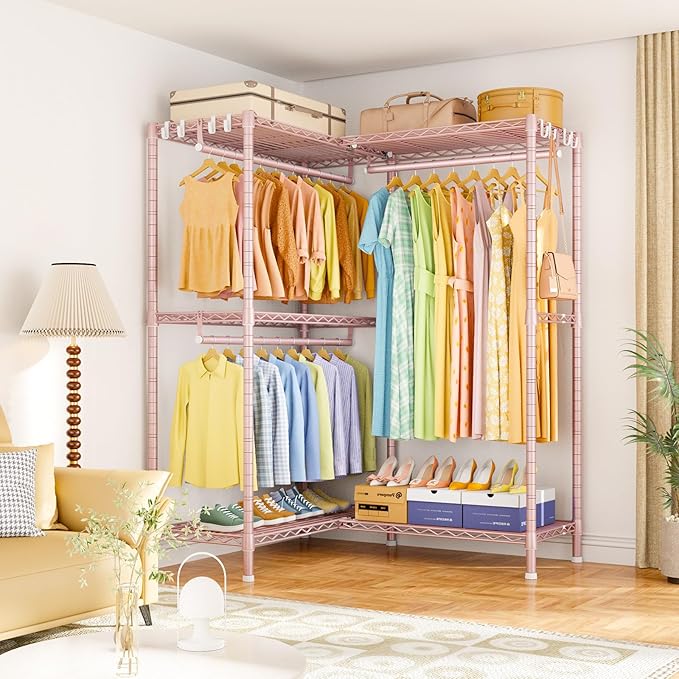 E15 Garment Rack L Shaped Clothes Rack for Corner，Freestanding Clothing Racks for Hanging Clothes，Heavy Duty Closet Organizer with 4 Hanging Rods & 8 S Hooks，43.4" W x 15.8" D x 78.4" H，Pink