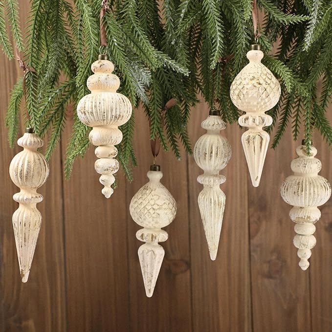 Yunlly 9 Pcs Neutral Christmas Ornaments Textured Christmas Tree Decor with Hanging Loop Modern Brown Hanging Ornaments Finial Shatterproof Decor for Xmas Vintage Rustic Farmhouse (Retro White)