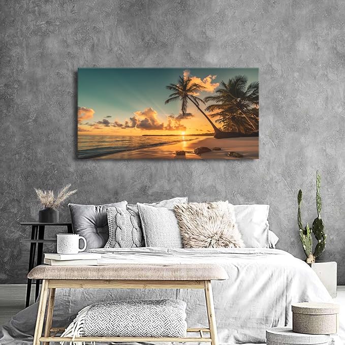 Beach Wall Art Palm Tree Pictures Sunset Coastal Landscape Bathroom Wall Decor Tropical Ocean Canvas Prints Nature Seascape Painting Artwork for Living Room Bedroom Office Home Decoration 24x48"