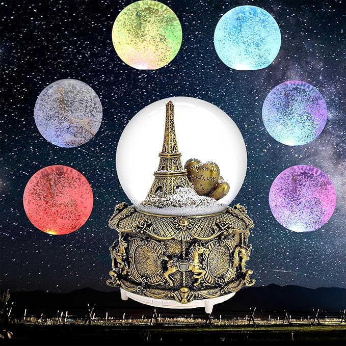 LED Music Snow Globe Vintage Eiffel Tower Buildings Embedded Carousel Retro Home Decoration for Book Shelf Cabinet Floating Board Office Desk Table Top Decor Centerpieces Ornament (Gold)
