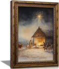 Vintage Nativity Scene Gold Framed Wall Art Birth of Jesus Christmas Christian Painting Canvas Prints Mary Joseph Holy Family Picture Star of Bethlehem Poster Artwork for Church Prayer Room, 9x11in