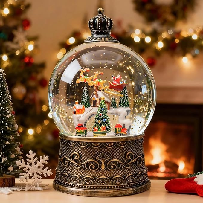 Christmas Snow Globes Lantern, Santa Claus and Reindeer Christmas Decorations Indoor, 6H Timer Battery & USB Powered Light Up Musical Snow Globes for Kids Women Adults Gift Thanksgiving Home Decor