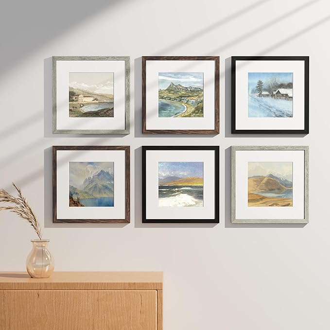 Vittanly 12x12 Picture Frames Set of 9, Display 8x8 Pictures with Mat or 12x12 without Mat, Photo Frames for Wall Mount, Engineered Wood, Black&Brown&Grey