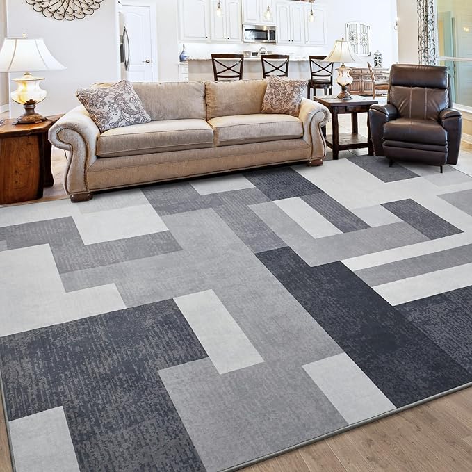 FlyDOIT Modern Geometric Patchwork Area Rug, 5x8 Gray Large Rugs for Living Room, Rockwood Collection Indoor Rugs for Bedroom, Throw Carpet Floor Decor for Entryway Dining Room Office Dorm Nursery