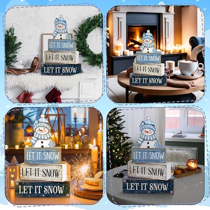 Lineshading 4 Pcs Christmas Table Decoration Blue and White Snowman Decor Winter Tiered Tray Decor Christmas Centerpiece Decorative Wooden Snowman Block Sign Gift Winter Decoration for Home Kitchen