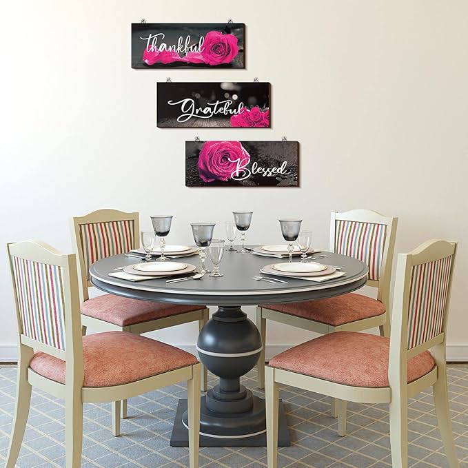 Hillban 3 Pieces Rose Wooden Wall Decor Rose Bathroom Decor Thankful Grateful Blessed Accessories Inspirational Wall Art Signs for Living Room Kitchen Wedding(10 x 4 Inch,Dark Pink)