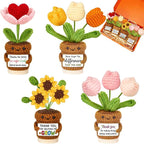 4 Pcs Thank You Gifts for Women, Positive Crochet Sunflower Tulip Heart Potted Plant Flower Dolls with Card Wooden Stands and Box, Teacher Employee Appreciation Gifts, Mothers Day, Birthday Gift