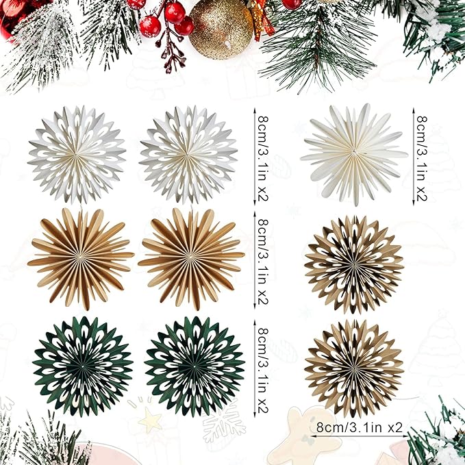 9PCS Mini Christmas Snowflake Ornament - Christmas Paper Hanging Decorations, Paper Ornament for Xmas Tree, Boho Style Indoor Holiday Home Decor