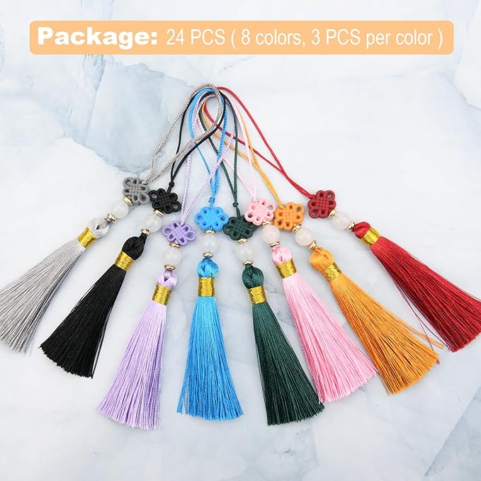 Beautyflier 24PCS Chinese Knot Tassel Pendant for Phone Case, Mini Mala Tassels with Hanging Loop, Jade Beads and Charms for Home Office Decor, Car Hanging Decoration, Graduation (8 Colors #2)
