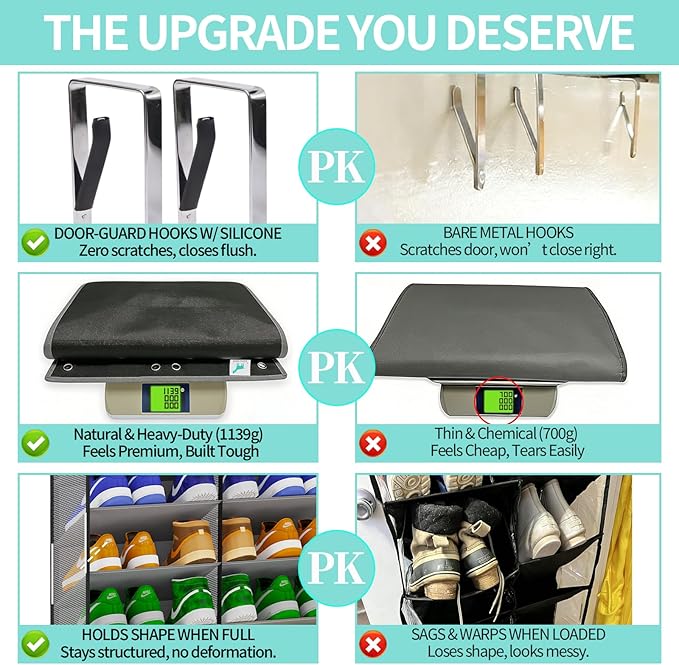 Heavy-Duty, over the door shoe organizer, Extra-Wide Large, shoe organizer, Holds 30 Pairs & Supports 100lbs, shoe rack, with Reinforced Grommets & Bamboo Rods, Fits Men's Size 12 & Boots, Grey