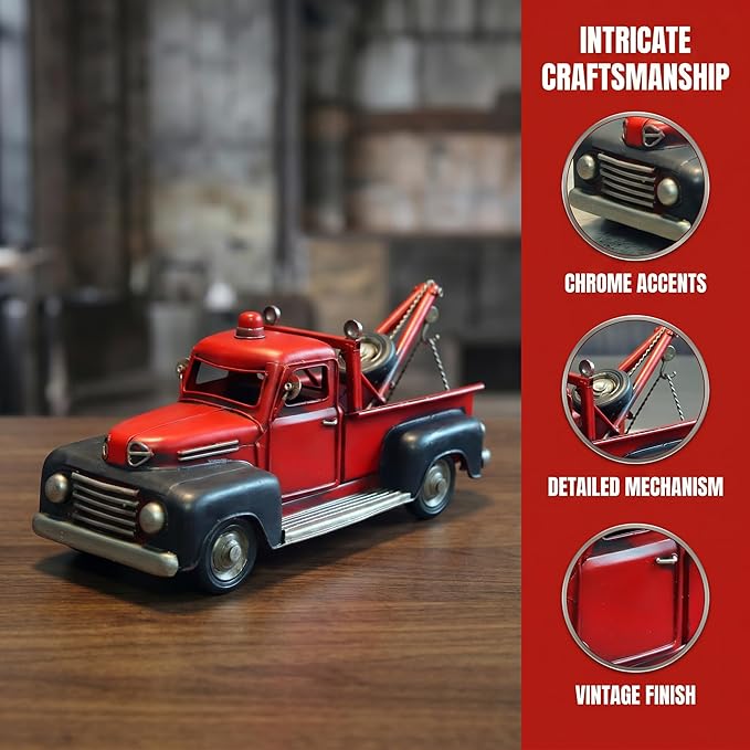 Vintage Red Tow Truck Decor Model, Classic Retro Metal Wrecker Truck Figurine, Distressed Rustic Collectible Sculpture for Home Office Shelf Desk Tabletop Decor