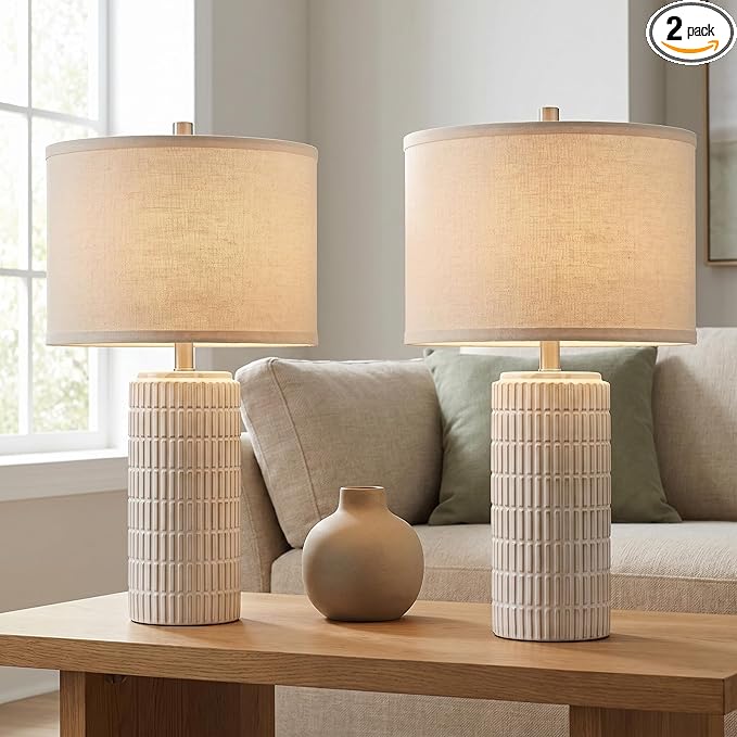 AIEAMPDO 23'' Set of 2 Modern Ceramic Table Lamps for Living Room Bedroom, Nightstand Farmhouse Beige White Desk Lamp for Bedside End Table Entryway, 2 LED Bulbs Included