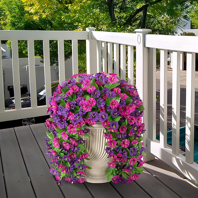 Artificial Fake Hanging Flowers Plants for Outdoor Decoration, 2PCS Faux Silk Morning Glory Long Vines Stems UV Resistant Look Real for Spring Summer Outside Home Porch Patio(Violet Red Purple)