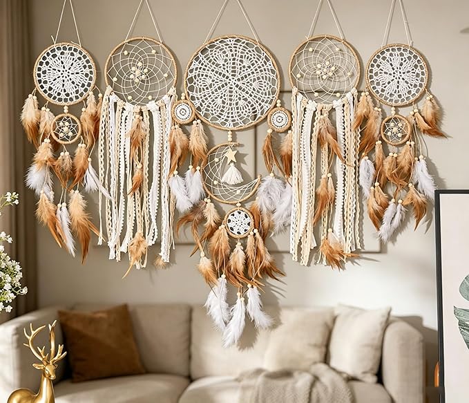 Set of 5 Boho Large Moon Dream Catcher Wall Hanging, Camel | Vintage Wedding Decor, Home Decorations, Wall Decor