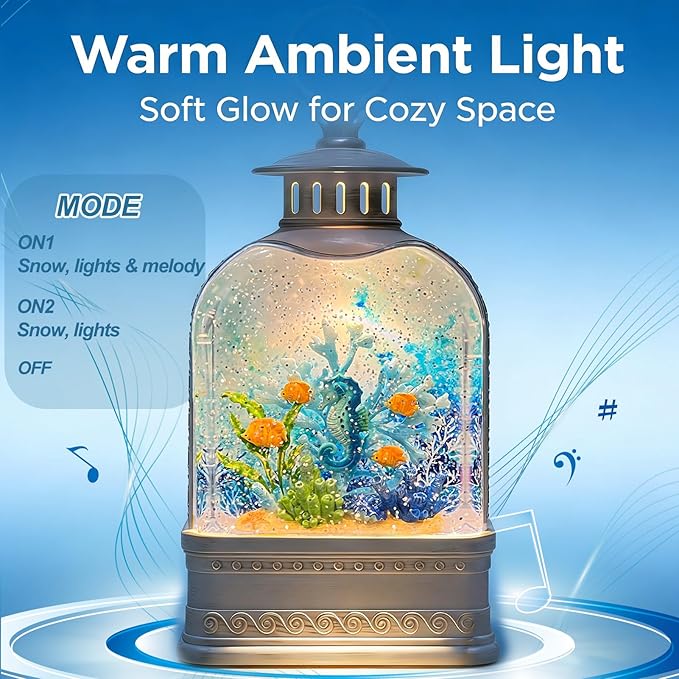 Ocean Themed Snow Globe Lantern with Music - USB or Battery Powered Light Up Water Lantern with Seahorse - Swirling Glitter Water Globe for Summer Costal Ocean Decor Gift for Ocean Lover (Seahorse)