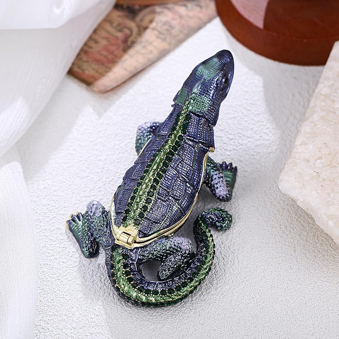 Hand Painted Lizard Trinket Box for Home Decor Accents, Enamel Hinged Jewelry Box for Bookshelf Office Table Desk Decoration, Classical Figurine Collectible Keepsake Animal Sculptures (Lizard)