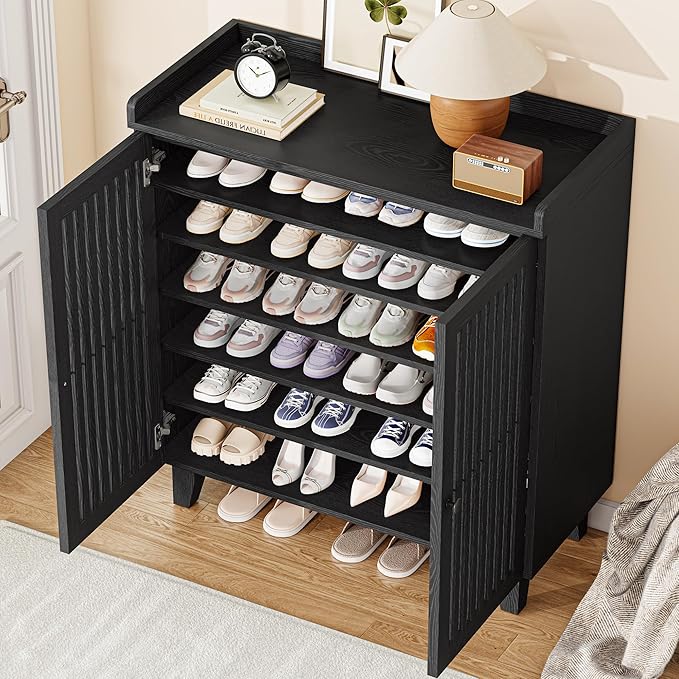 IRONCK Shoe Cabinet with Slatted Doors, 6-Tier Shoe Storage Cabinet with Adjustable Shelves, Wooden Shoe Rack Organizer for Entryway, Hallway, Closet, Living Room, Black