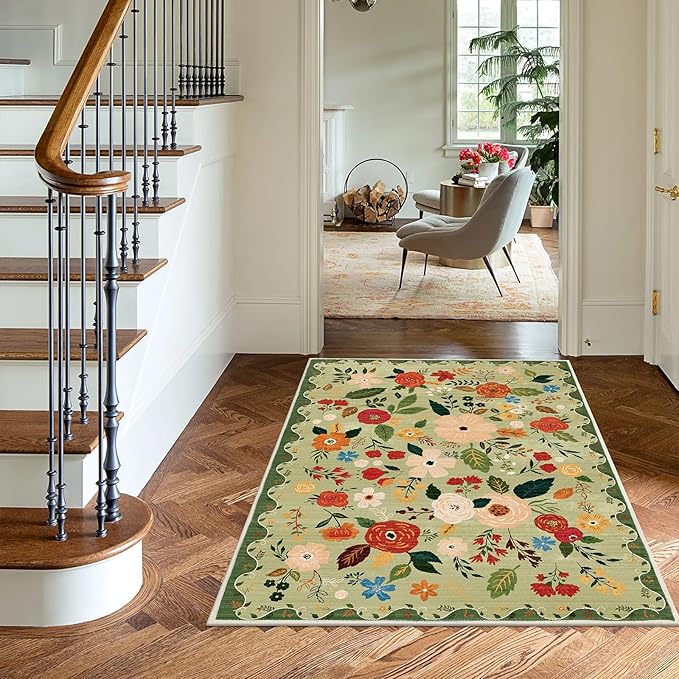 U'Artlines Indoor Door Mat Entrance Rug 2'x3'Soft Non Slip Machine Washable Floral Small Area Rug Carpet for Entryway Kitchen Bathroom Bedroom Green