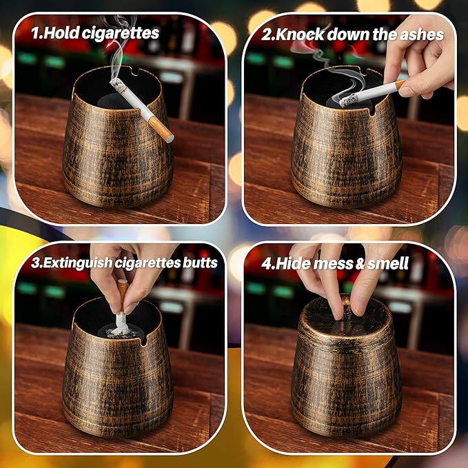 Ashtray for Cigarettes Outdoor, Outdoor Ashtray with Lid for Cigarette, Metal Odorless Windproof Smokeless AshTray for Patio Home Office Tabletop Balcony