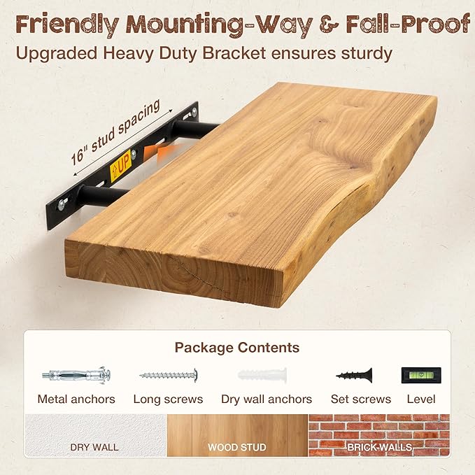 fuqing Live Edge Floating Shelves for Wall 55 inch, 8 Inch Deep Solid Elm Wood Floating Wall Shelves - Rustic Wooden Shelves with Invisible Brackets for Living Room Bedroom Kitchen, 1 Pack, Natural