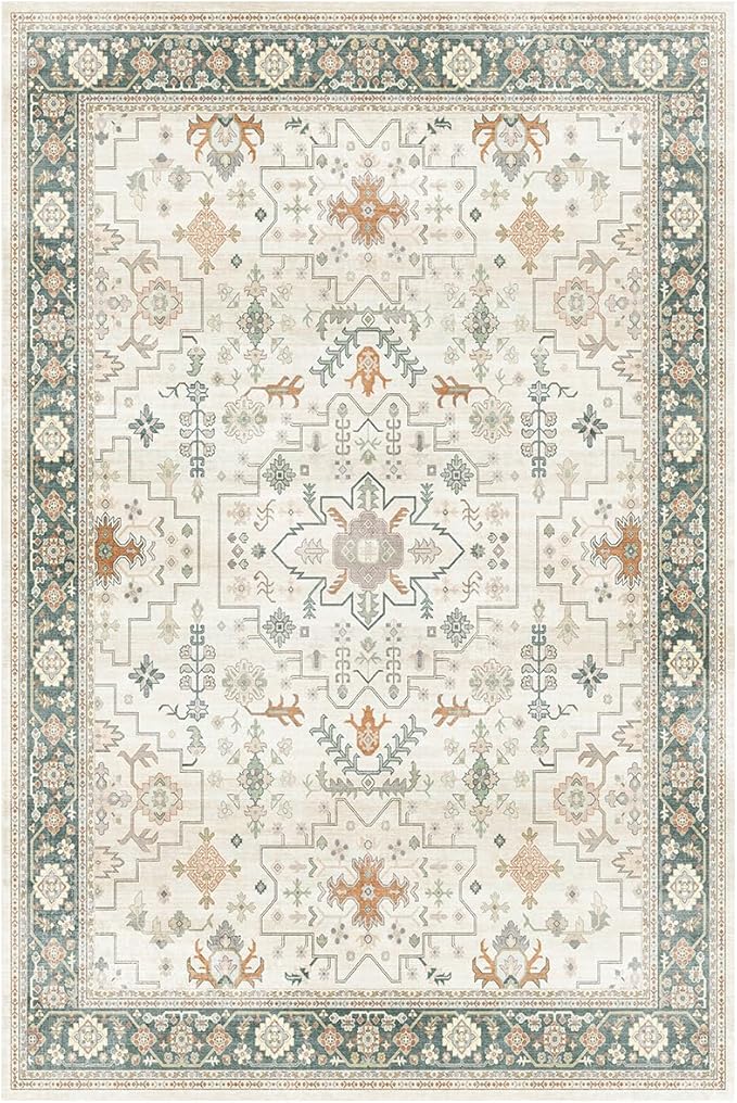 Lessymo Washable Entry Rug, 2x3 Cream Green Small Area Rugs for Bathroom Kitchen Entryway Laundry Bedroom, Non Slip Indoor Entrance Door Mat, Boho Oushak Geometric Floral Decor