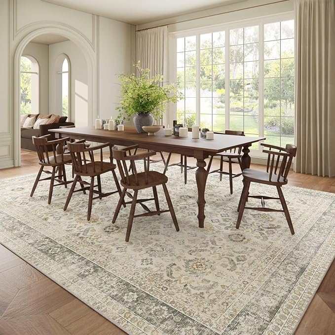Washable 10x14 Area Rugs for Living Room, Boho Non-Slip Vintage Distress Large Rugs for Bedroom Dining Room Office, 0.3" Neutral Oriental Throw Thin Carpet, Grey/Beige/Orange/Multi