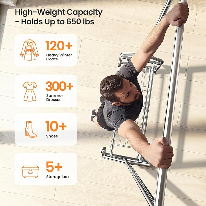 Heavy Duty Clothes Rack, Rolling Clothing Rack for Hanging Clothes Load 650 LBS with 2 Sturdy Shelves, Metal Garment Rack with Wheels for Bedroom, Laundry Room, Retail Store, Silver