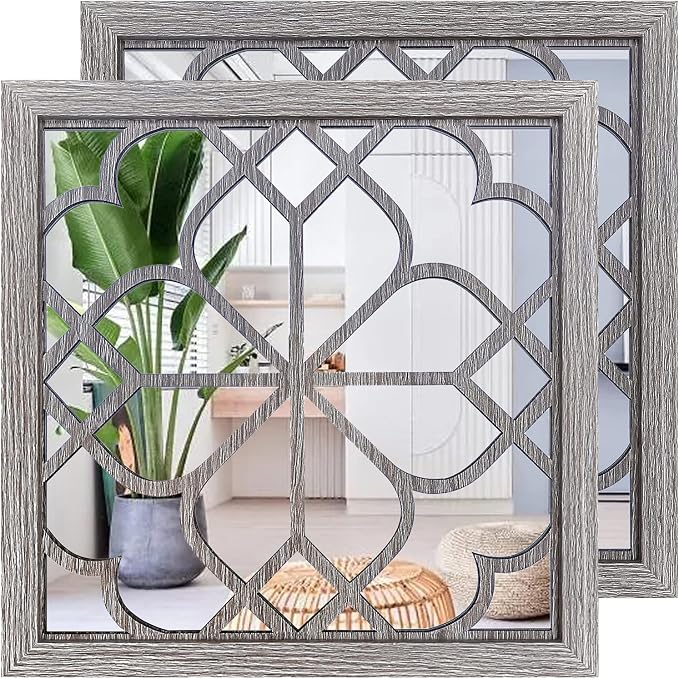 Wocred 2 PCS Square Wall Mirror,Gorgeous Rustic Farmhouse Accent Mirror,Barn Wood Color Entry Mirror for Bathroom Renovation,Bedrooms,Living Rooms and More(20”x20”)