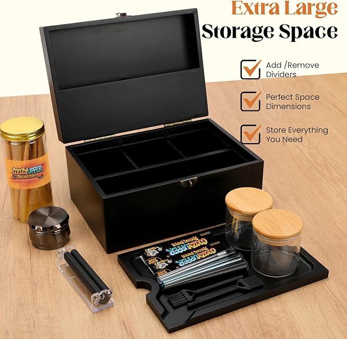 Large Bamboo Storage Box with Lock, Removable Wooden Tray, Airtight Rubber Seal Glass Jars, Decorative Lockable Wooden Organizer Box, Complete Accessories Gift Set