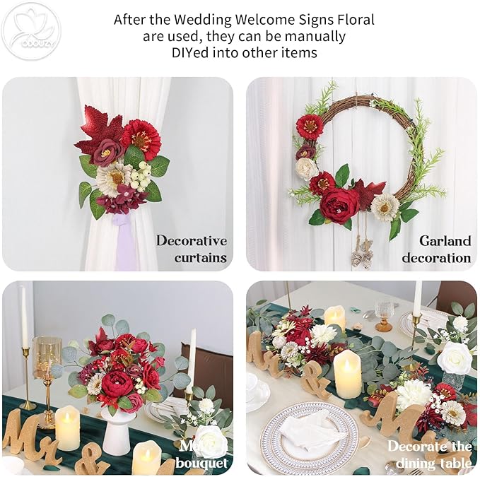 Odouzy Artificial Wedding Arch Flowers for Wedding Sign,Set of 2 for Welcome Ceremony Sign,Faux Floral Swags, Banquet and Reception Backdrop Floral Decoration (White Red)