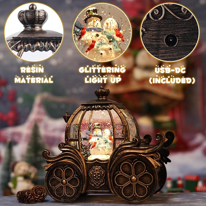 Snowman Sled Car Christmas Snow Globe Lantern-Glittering Light Up Musical Snow Globe Christmas Decorations, 6H Timer, USB & Battery Operated, Snowman Sled Car Indoor Home Décor