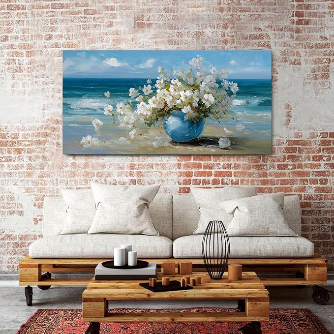 Vintage Flowers Canvas Wall Art White Blossom Painting Retro Flowers in Blue Vase Pictures Blue Ocean Coastal Landscape Prints Poster Floral Artwork for Bathroom Bedroom Home Decoration 29.53x57.87"