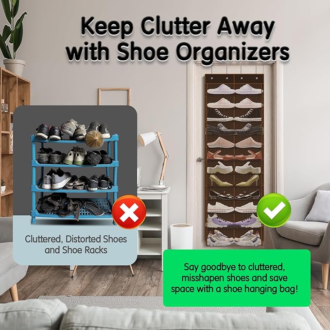 Over The Door Shoe Organizer with 12 Large Breathable Pockets - Durable Hanging Storage for the Entire Family's Shoes (Espresso)